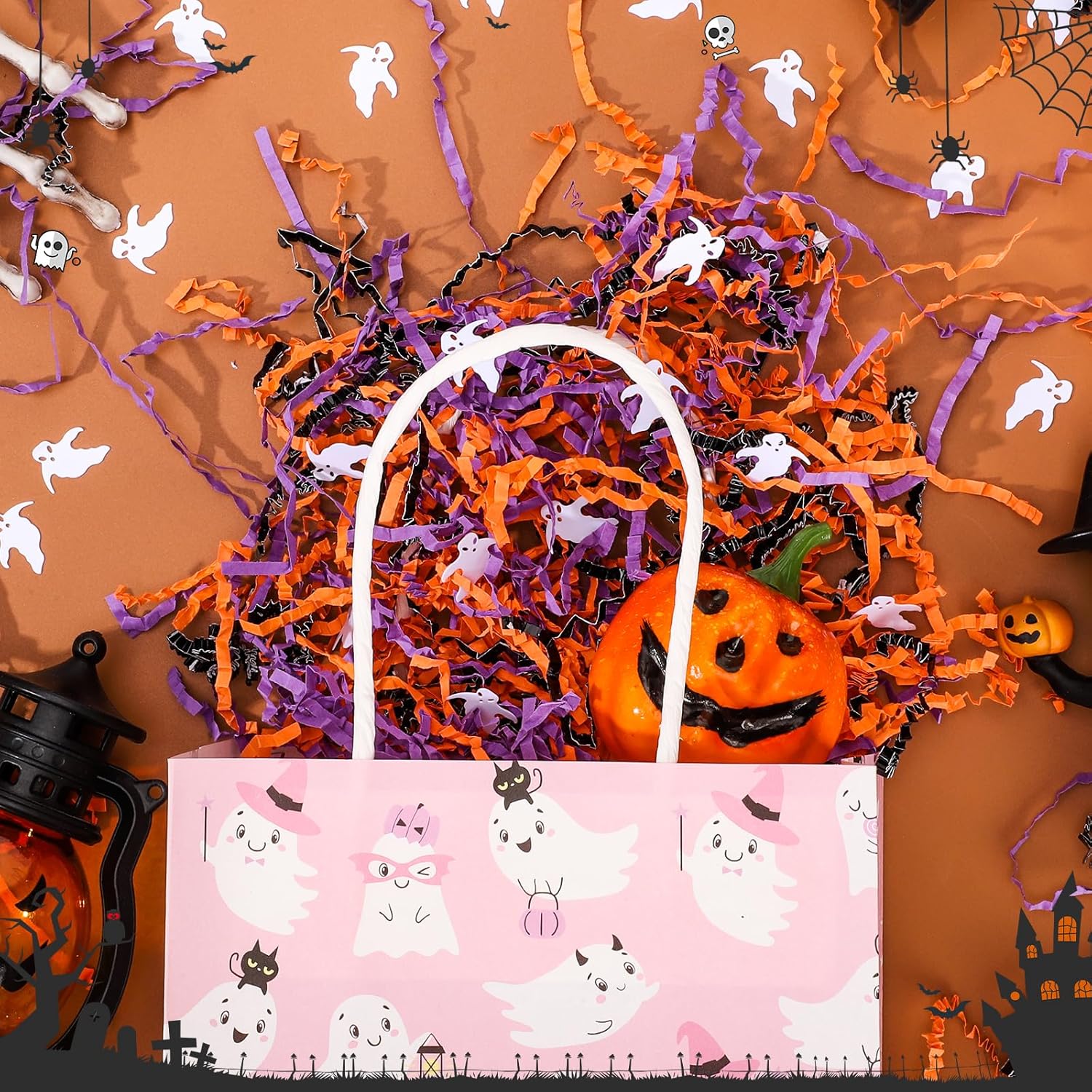 1LB Halloween Crinkle Paper Filler, Black Orange Purple Crinkle Cut Paper with Ghost Confetti Shred Filler for Gift Baskets Filling Gift Wrapping