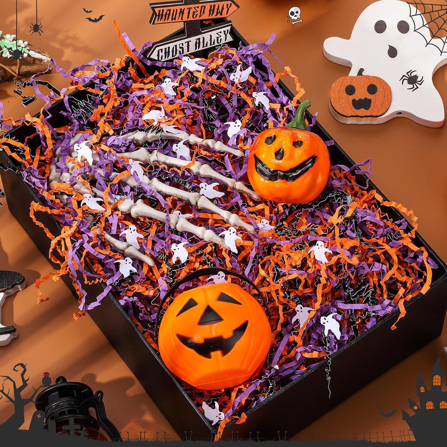 1LB Halloween Crinkle Paper Filler, Black Orange Purple Crinkle Cut Paper with Ghost Confetti Shred Filler for Gift Baskets Filling Gift Wrapping