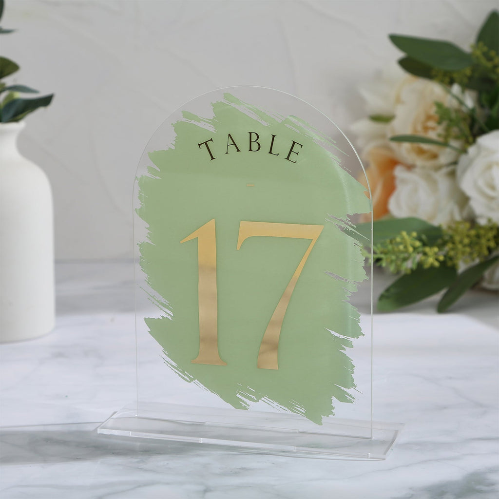 Sage Green Painted Arch Wedding Table Numbers with Stands 1-20