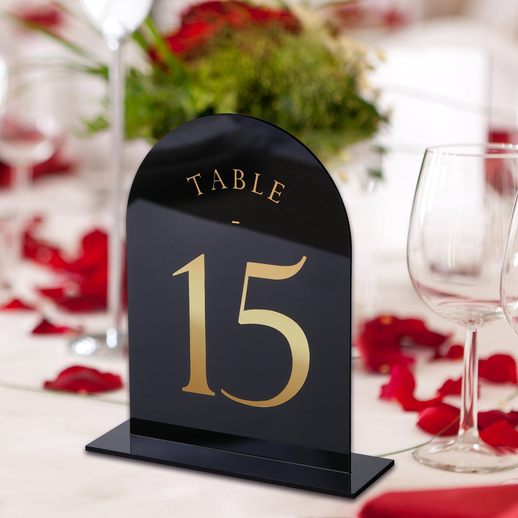 Black Arch Wedding Table Numbers with Stands 1-20