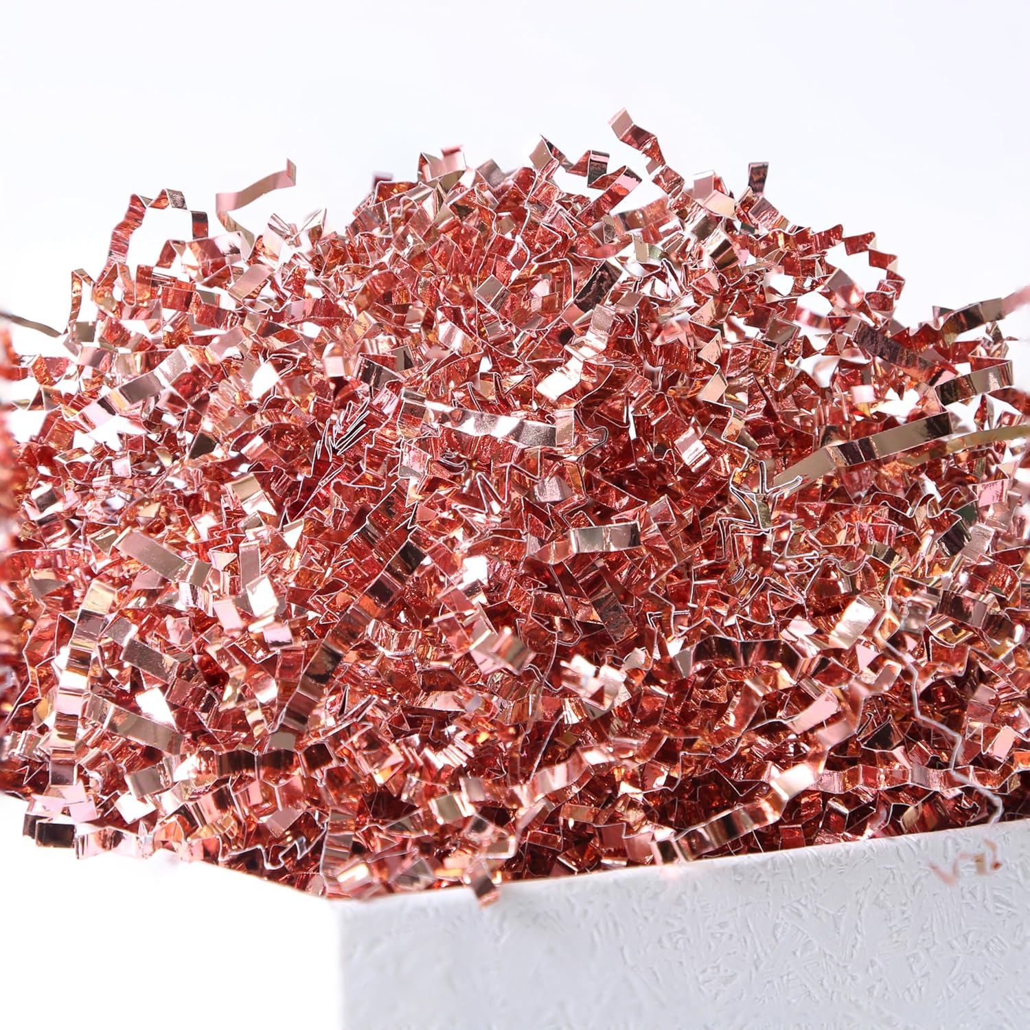 UNIQOOO 1/2 LB Metallic Rose Gold Crinkle Cut Paper Shredded Filler, Pink Grass Raffia Tissue, Strands Shred Craft Bedding Cushion, Wedding Mothers Day Bridesmaid Engagement Gift Boxes Bags Retail