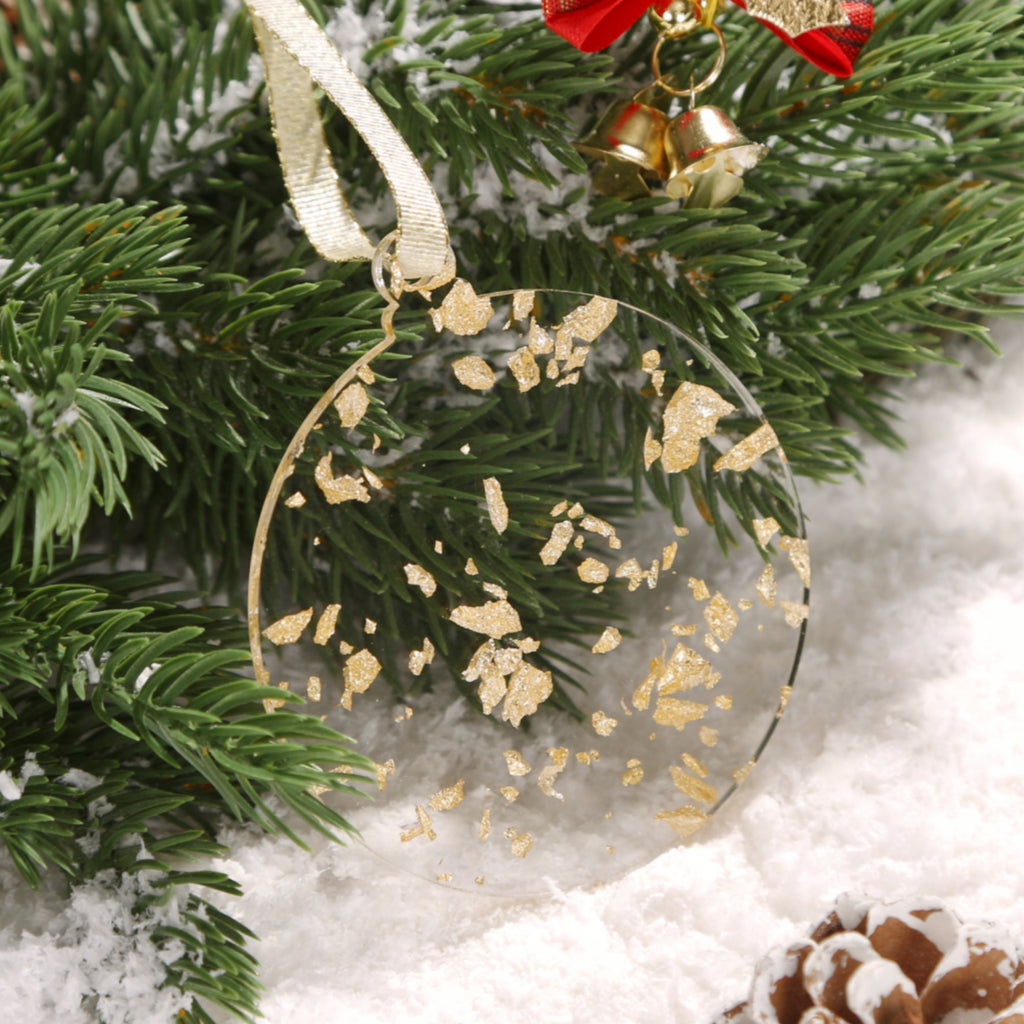 Acrylic 2023 Gold Leaf flakes Christmas Ornaments Set,  3", 3mm Thick, Round (Gold & Silver Foil Flakes)