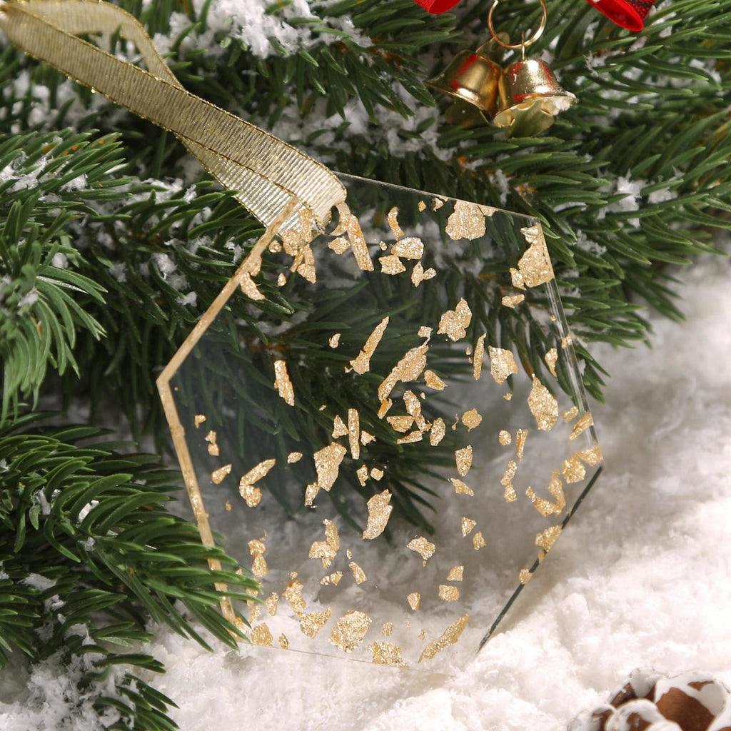 Acrylic Light Gold Leaf Flakes Christmas Ornaments Set,  3", 3mm Thick, Round & Hexagon (Gold Foil Flakes)