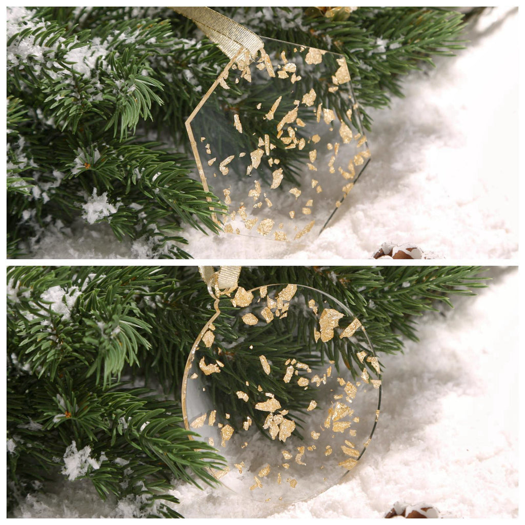 Acrylic Light Gold Leaf Flakes Christmas Ornaments Set,  3", 3mm Thick, Round & Hexagon (Gold Foil Flakes)