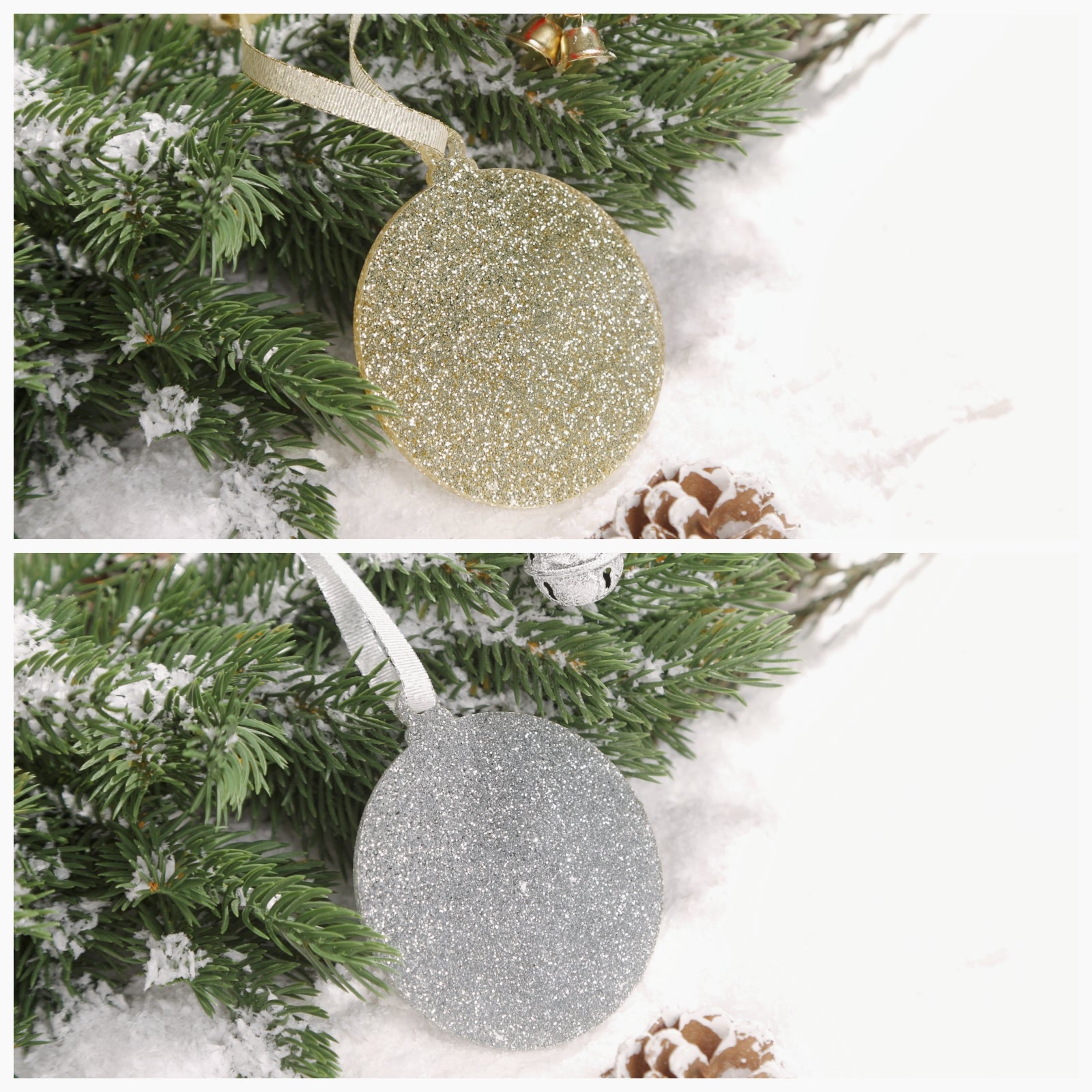 Acrylic Sparkle Glitter Christmas Ornaments Set,  3", 3mm Thick, Round (Light Gold & Silver Glitter)