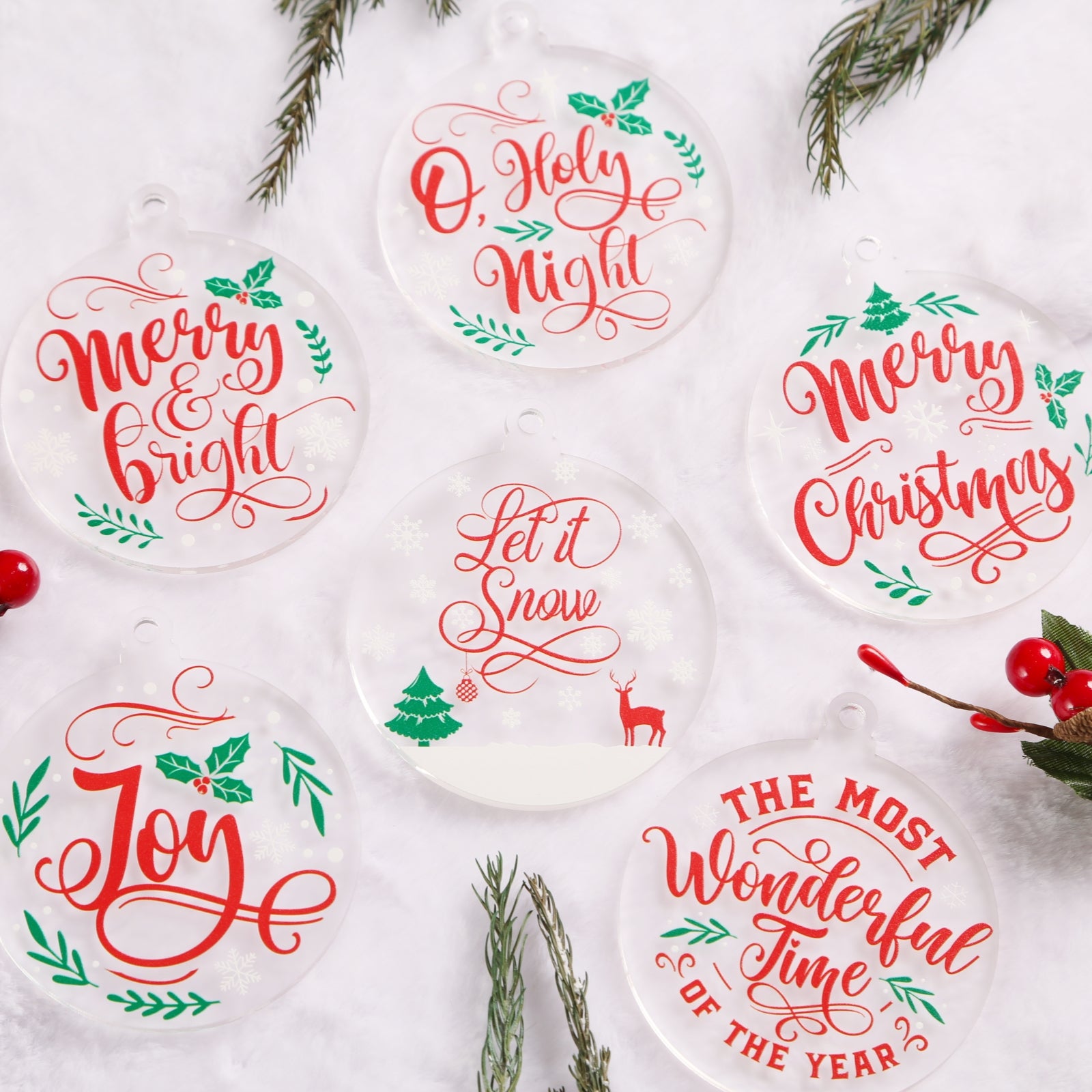 Acrylic Ornaments Set of 12, Frosted Christmas Ornaments, 6 Holiday Designs, Xmas Tree Decor, Frosted Hanging Tags