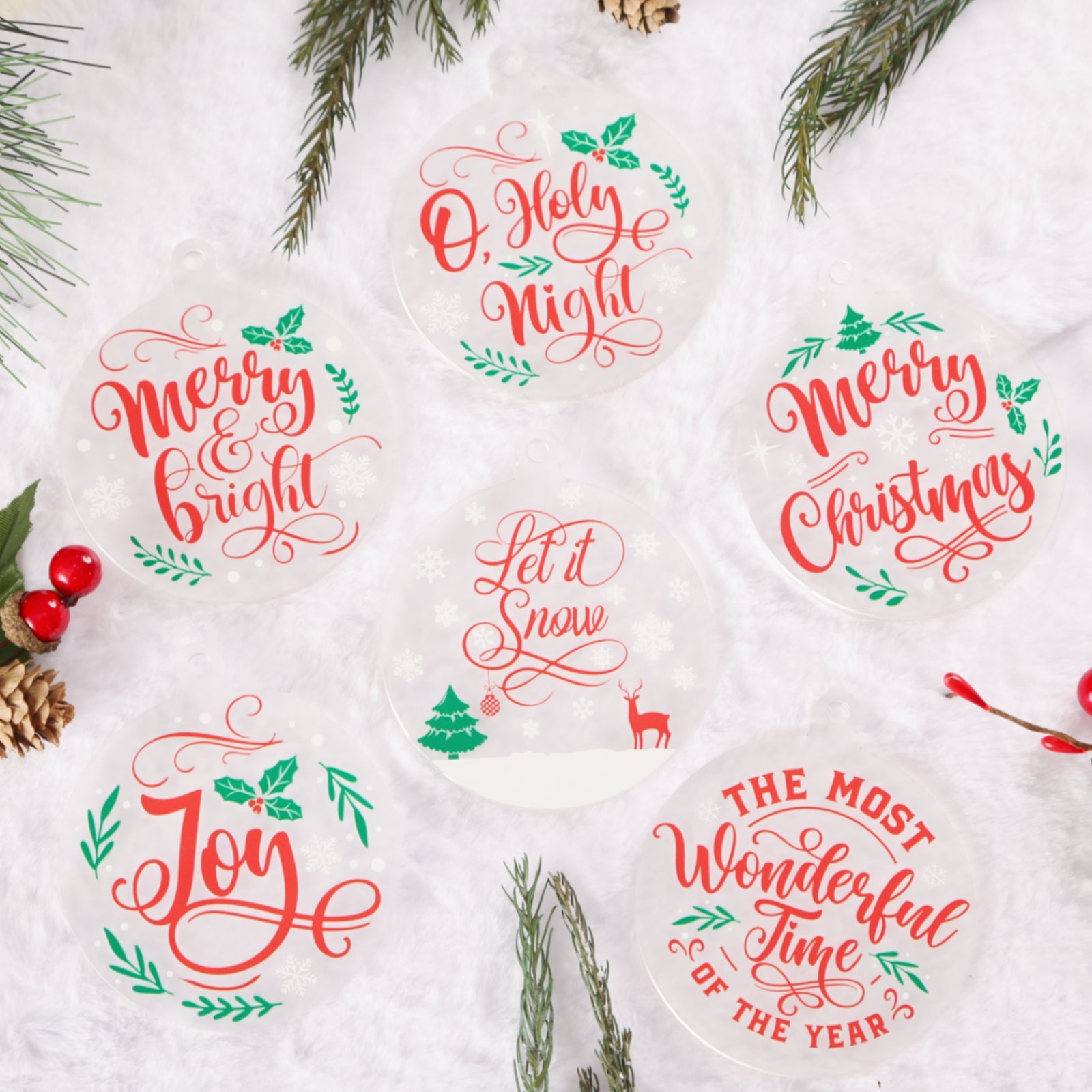 Acrylic Ornaments Set of 12, Frosted Christmas Ornaments, 6 Holiday Designs, Xmas Tree Decor, Frosted Hanging Tags