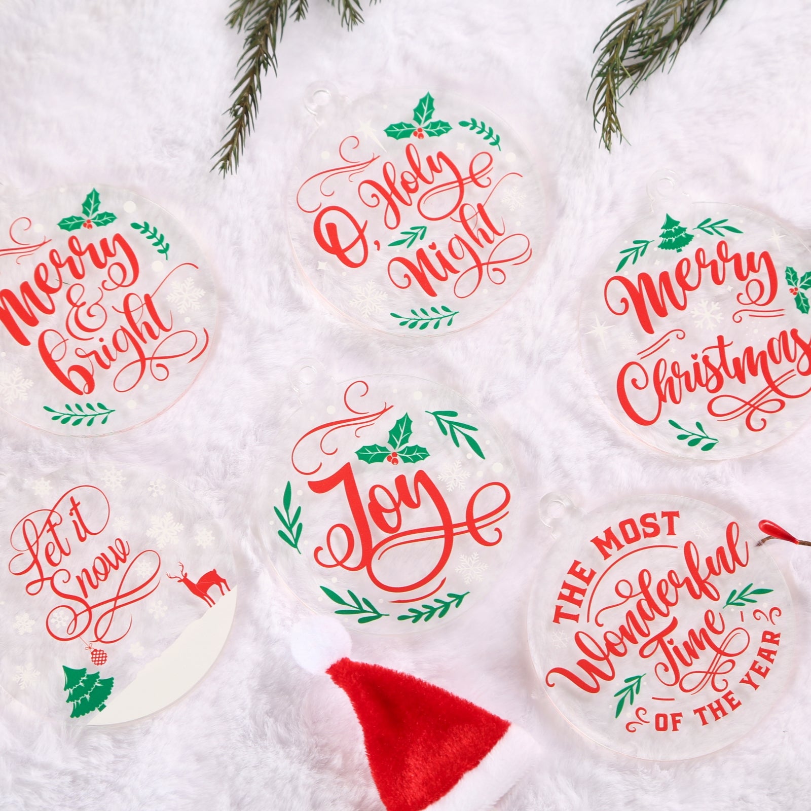 Acrylic Ornaments Set of 12, Clear Christmas Ornaments, 6 Holiday Designs, Xmas Tree Decor, Clear Hanging Ornaments