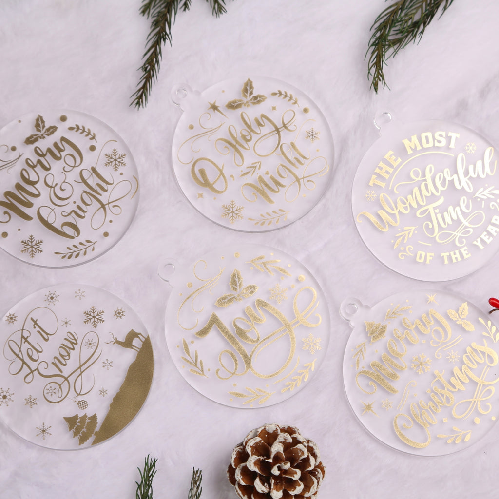 Acrylic Ornaments Set of 12, Frosted Christmas Ornaments, 6 Shinny Gold Designs, Xmas Tree Decor, Sparkle Hanging Tags