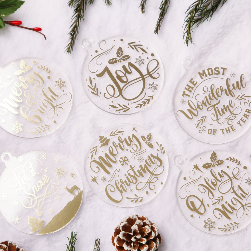 Acrylic Ornaments Set of 12, Clear Christmas Ornaments, 6 Shinny Gold Designs, Xmas Tree Decor, Sparkle Hanging Tags