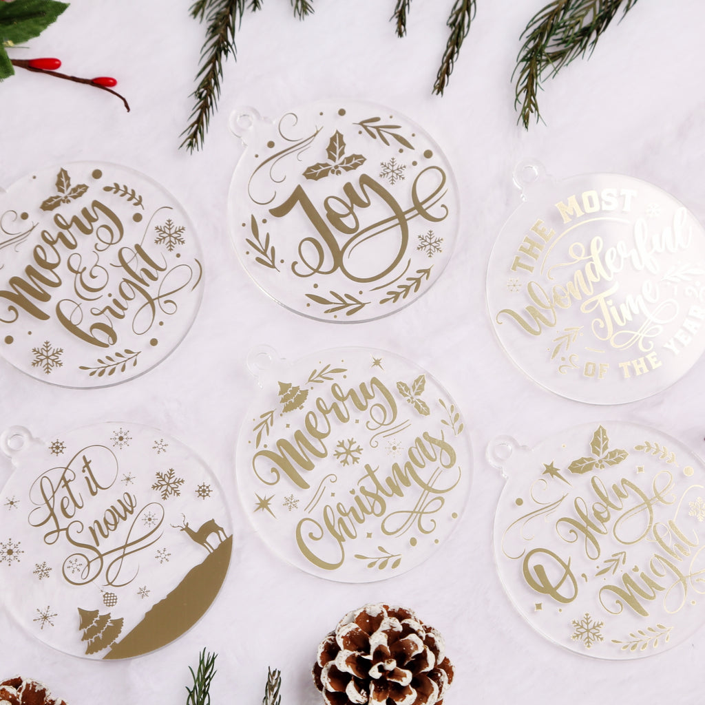 Acrylic Ornaments Set of 12, Clear Christmas Ornaments, 6 Shinny Gold Designs, Xmas Tree Decor, Sparkle Hanging Tags