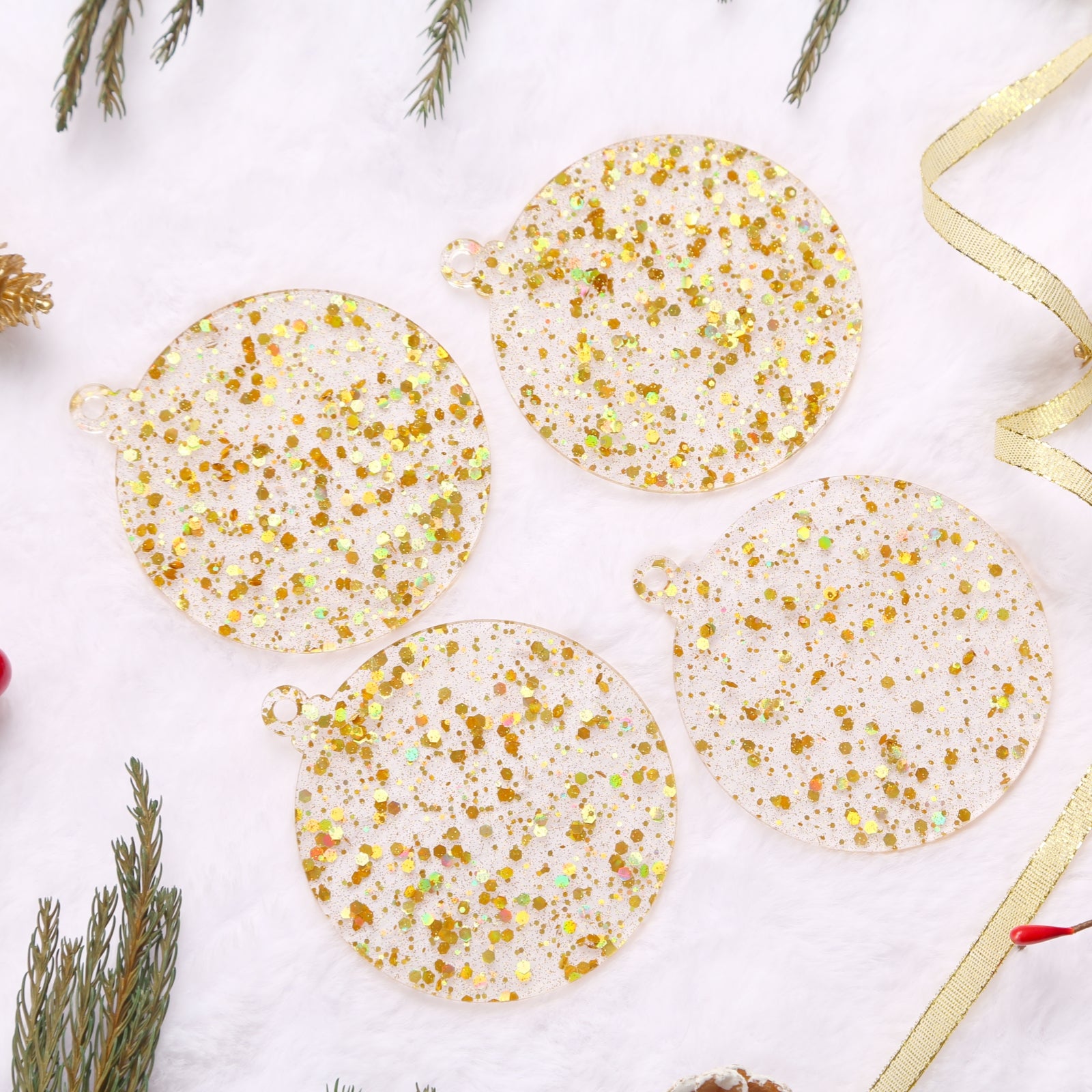 Acrylic Light Gold Sequin Christmas Ornaments Set,  3", 3mm Thick, Round (Gold Sequin)