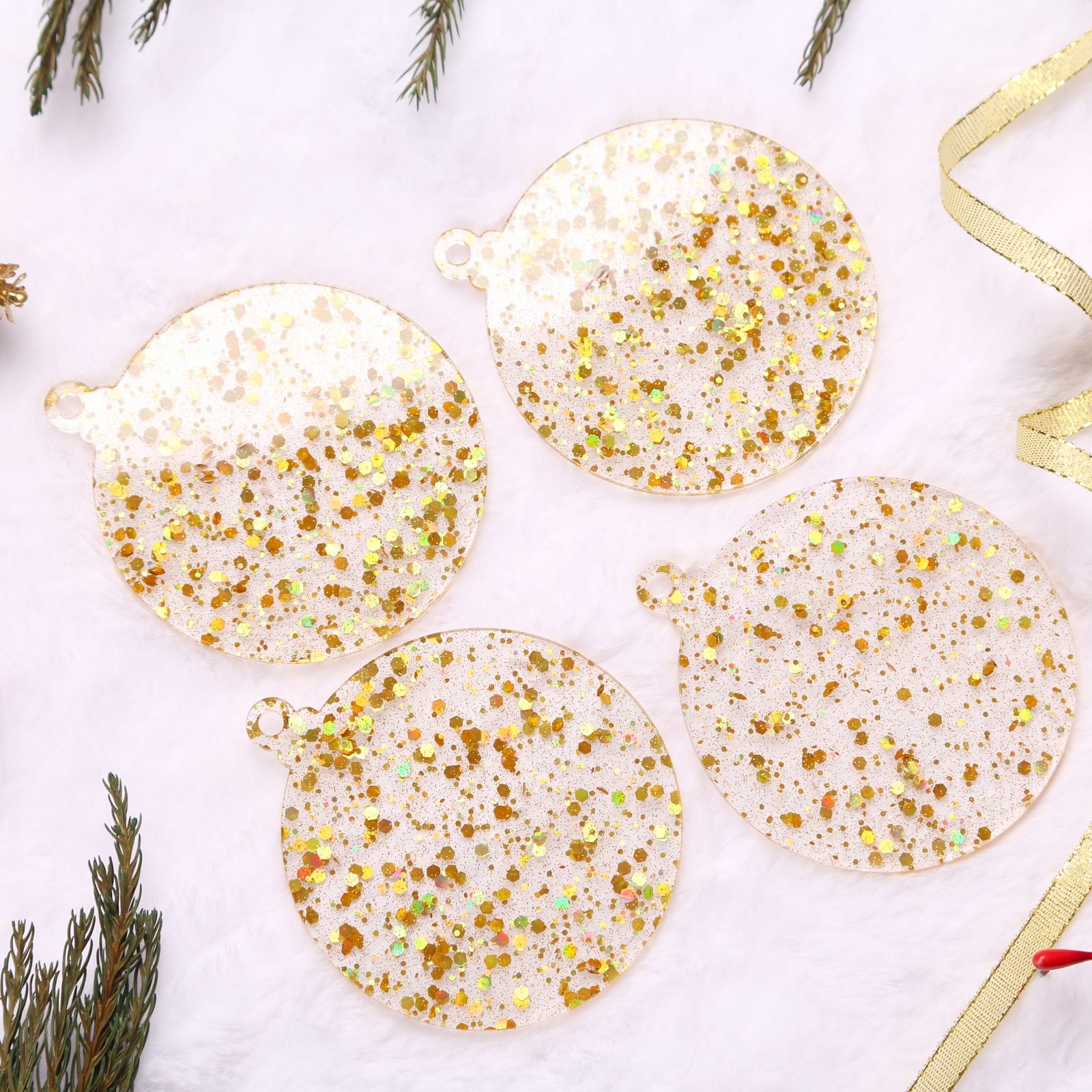 Acrylic Light Gold Sequin Christmas Ornaments Set,  3", 3mm Thick, Round (Gold Sequin)