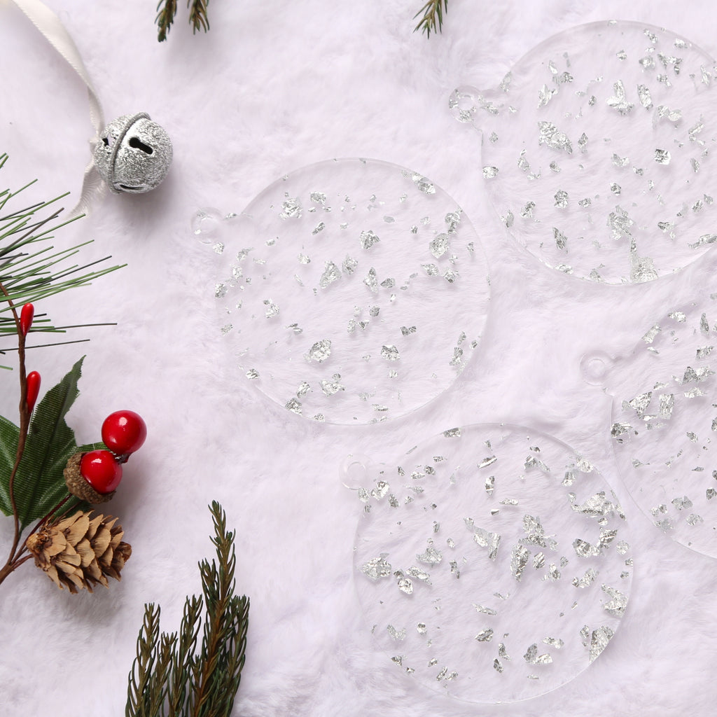 Acrylic Silver Leaf Flakes Christmas Ornaments Set,  3", 3mm Thick, Round & Hexagon (Silver Foil Flakes)