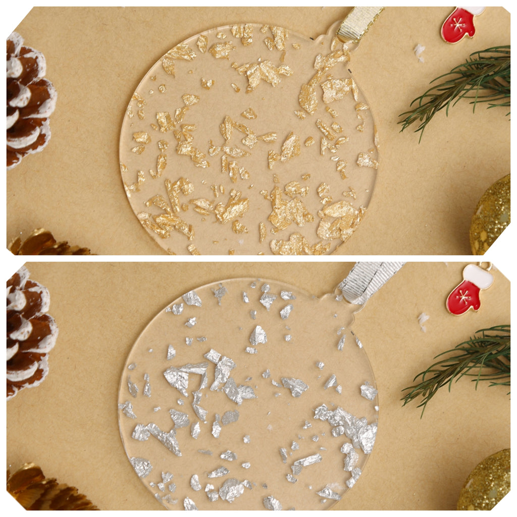 Acrylic 2023 Gold Leaf flakes Christmas Ornaments Set,  3", 3mm Thick, Round (Gold & Silver Foil Flakes)