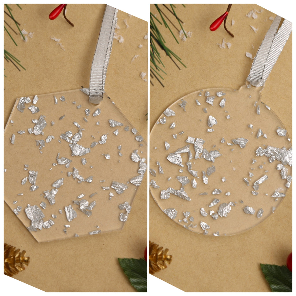 Acrylic Silver Leaf Flakes Christmas Ornaments Set,  3", 3mm Thick, Round & Hexagon (Silver Foil Flakes)