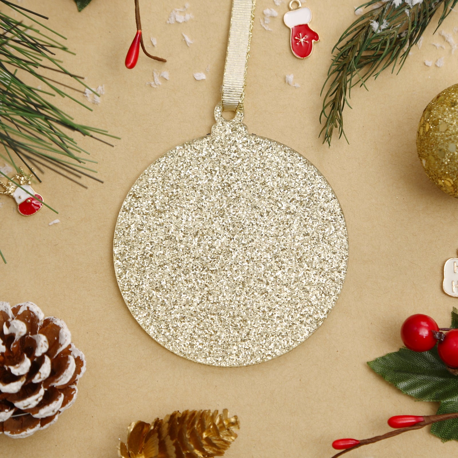Acrylic Light Gold Glitter Christmas Ornaments Set,  3", 3mm Thick, Round & Hexagon (Light Gold Glitter)
