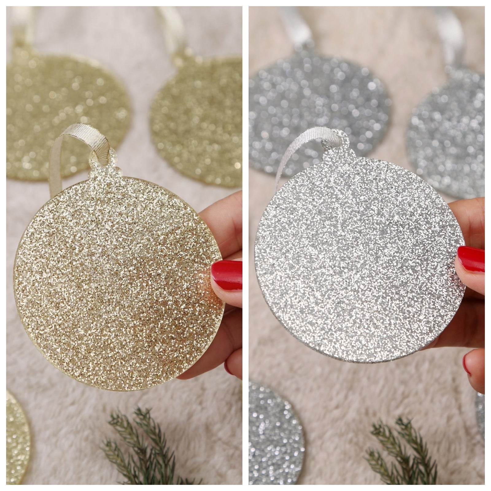 Acrylic Sparkle Glitter Christmas Ornaments Set,  3", 3mm Thick, Round (Light Gold & Silver Glitter)