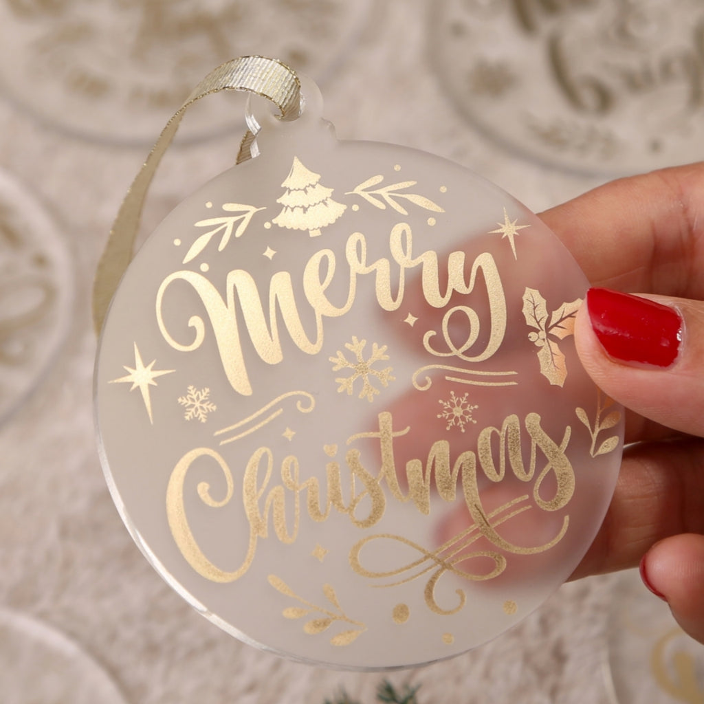 Acrylic Ornaments Set of 12, Frosted Christmas Ornaments, 6 Shinny Gold Designs, Xmas Tree Decor, Sparkle Hanging Tags