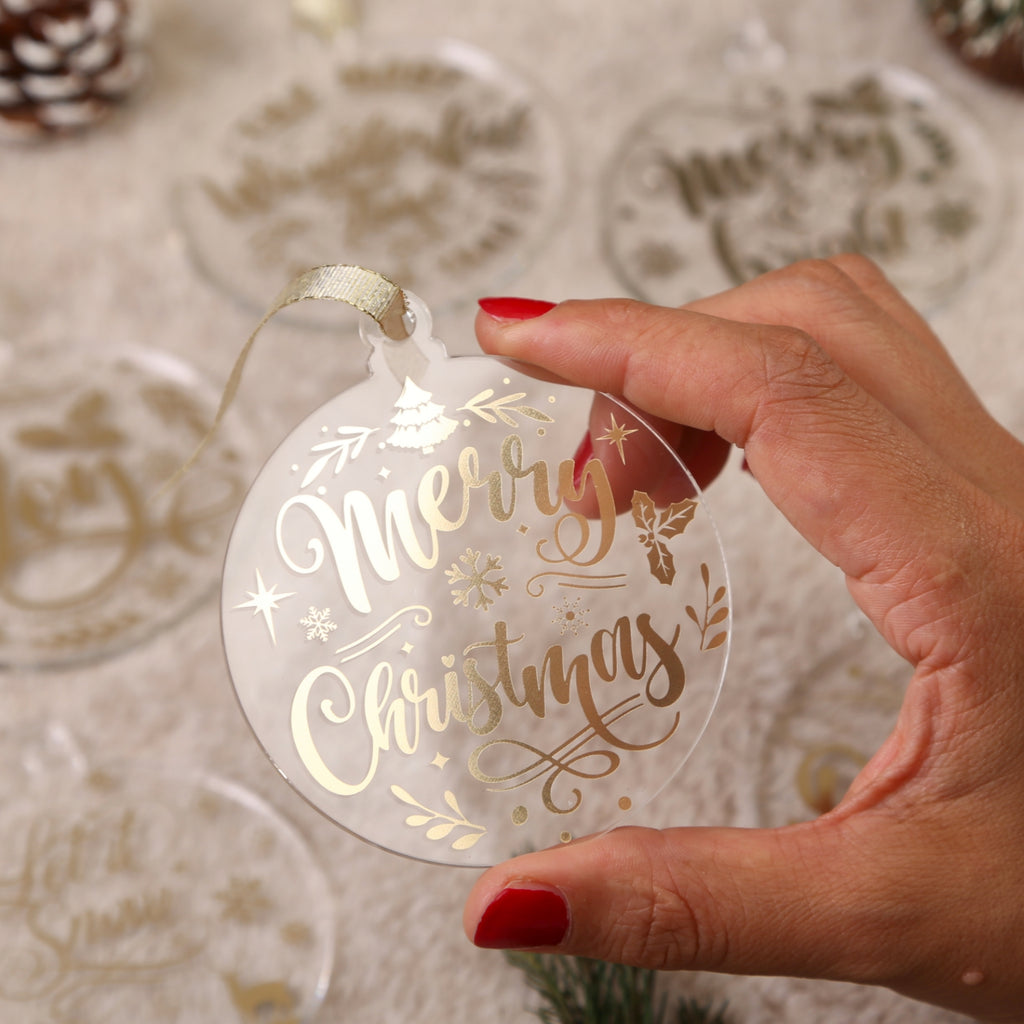 Acrylic Ornaments Set of 12, Clear Christmas Ornaments, 6 Shinny Gold Designs, Xmas Tree Decor, Sparkle Hanging Tags