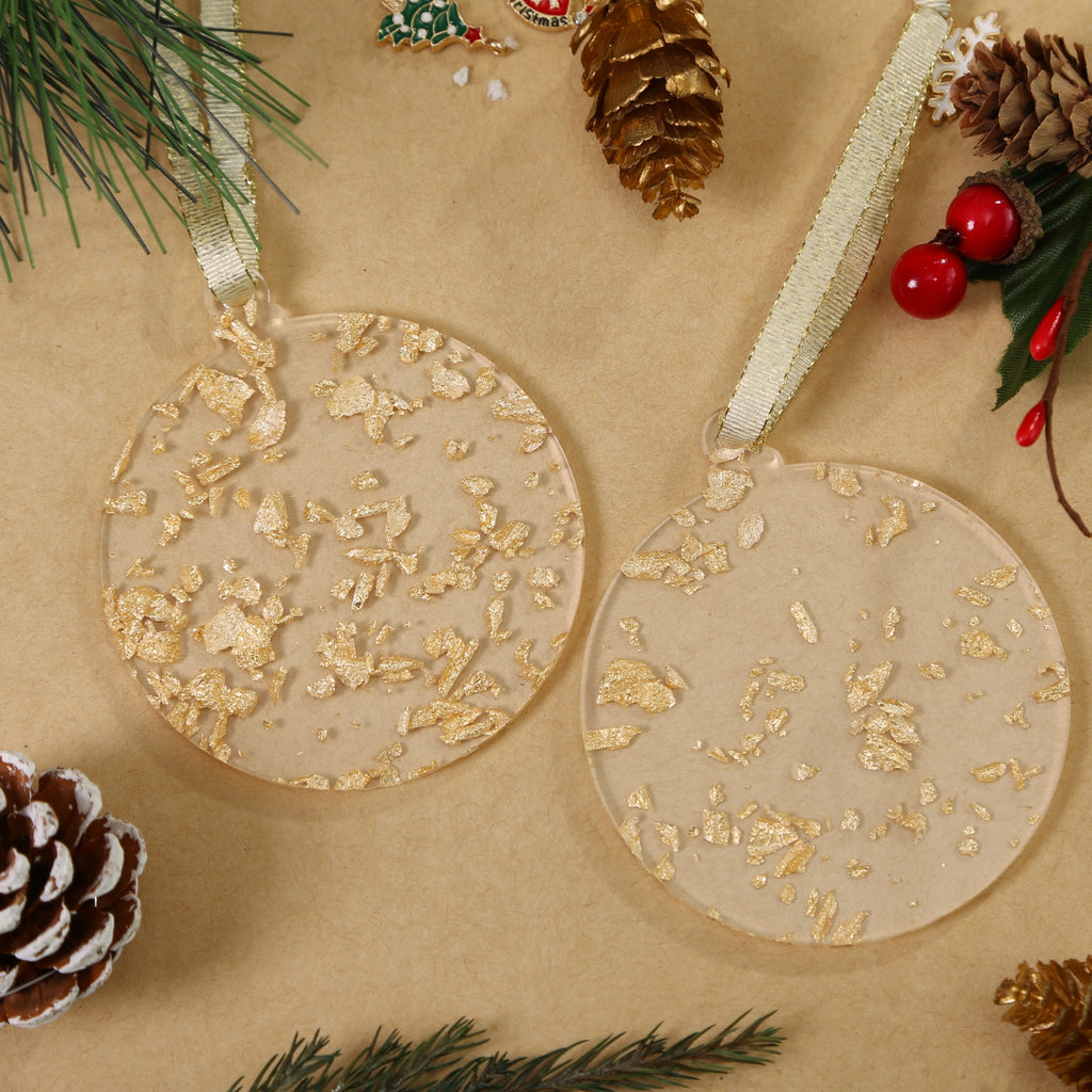 Acrylic Ornaments Set of 12, Gold Leaf Flakes Christmas Ornaments, Xmas Tree Decor, 3", 3mm Thick Round