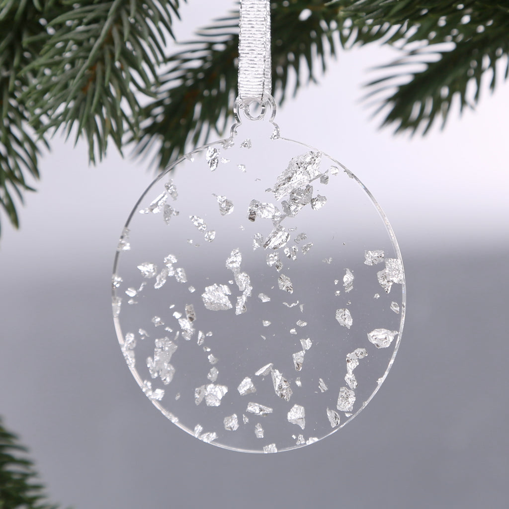 Acrylic Silver Leaf Flakes Christmas Ornaments Set,  3", 3mm Thick, Round & Hexagon (Silver Foil Flakes)