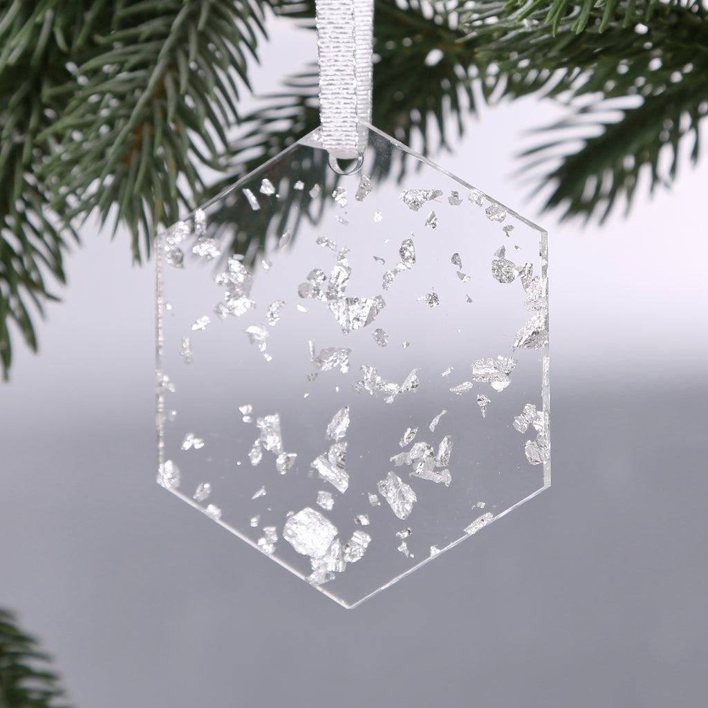 Acrylic Silver Leaf Flakes Christmas Ornaments Set,  3", 3mm Thick, Round & Hexagon (Silver Foil Flakes)