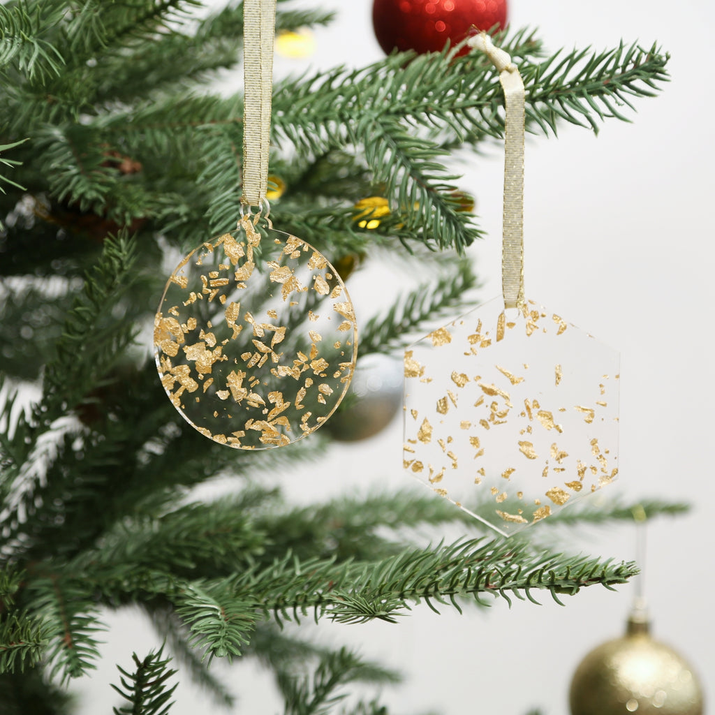 Acrylic Light Gold Leaf Flakes Christmas Ornaments Set,  3", 3mm Thick, Round & Hexagon (Gold Foil Flakes)