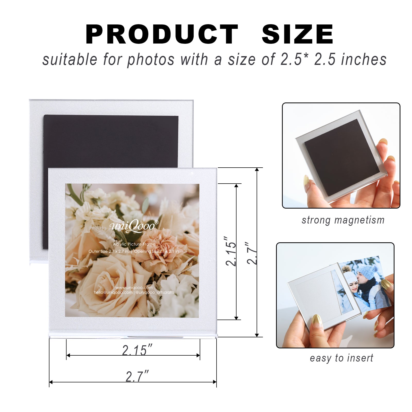 8-Pack Silver-Rimmed Acrylic Fridge Magnet Picture Frames, 2.5" x 2.5" Refrigerator Magnetic Photo Holder for Home Office Cabinet Locker, Decorative Display for Memories
