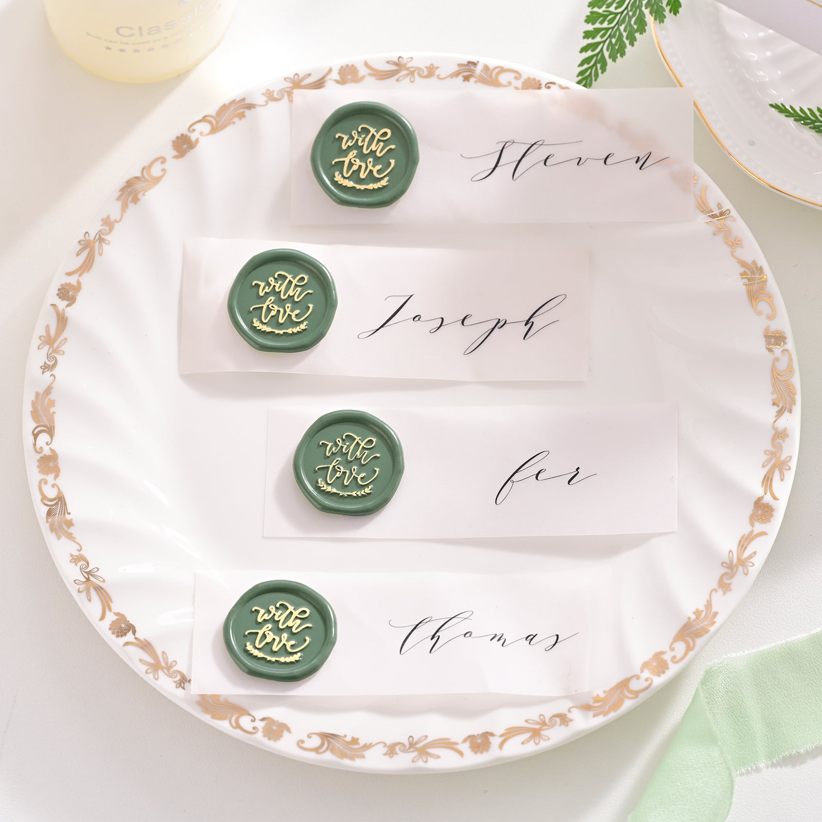 Wax Seal Stickers - Wedding Invitation Envelope Seal Stickers Self Adhesive Metallic Green with Gold Stickers, 50pcs