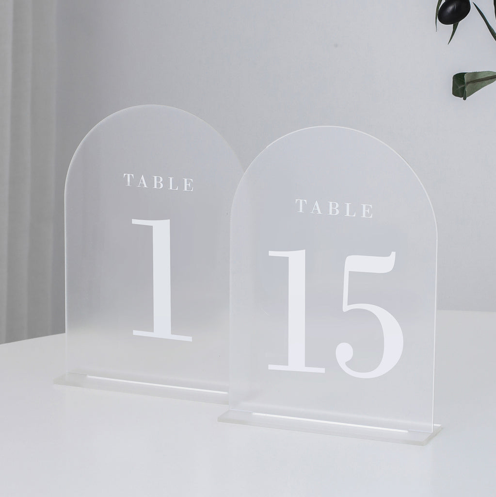 Frosted Arch Wedding Table Numbers with Stands 1-15