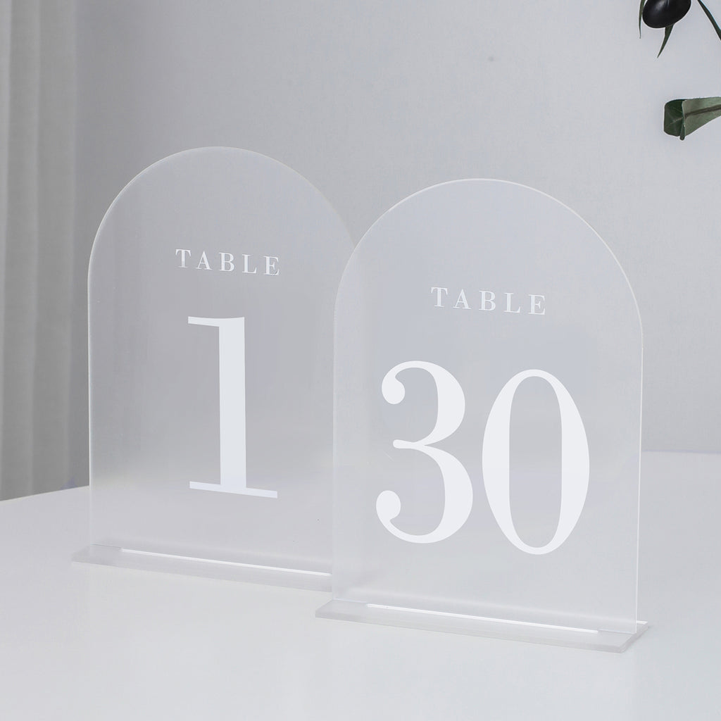 Frosted Arch Wedding Table Numbers with Stands 1-30