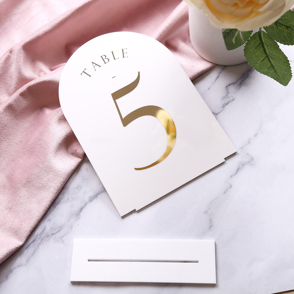 White Arch Wedding Table Numbers with Stands 1-20