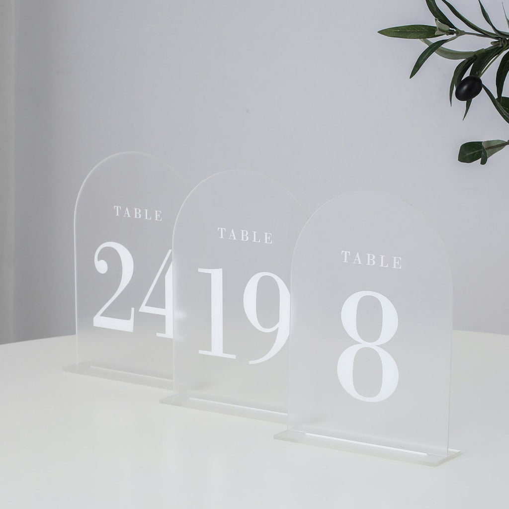 Frosted Arch Wedding Table Numbers with Stands 1-30