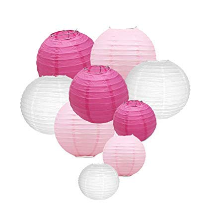 UNIQOOO 18Pcs Premium Assorted Size/Color Pink Paper Lantern Set, Reusable Hanging Decorative Japanese Chinese Paper Lanterns, Easy Assemble, for Birthday Wedding Baby Shower Holiday Party ( Only Delivery to US)