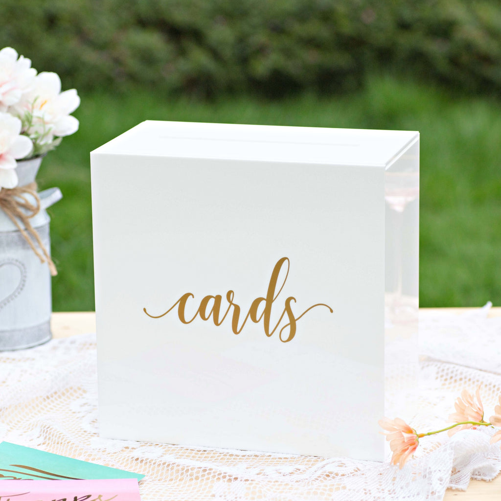 Acrylic Wedding Card Box, White / Gold Print