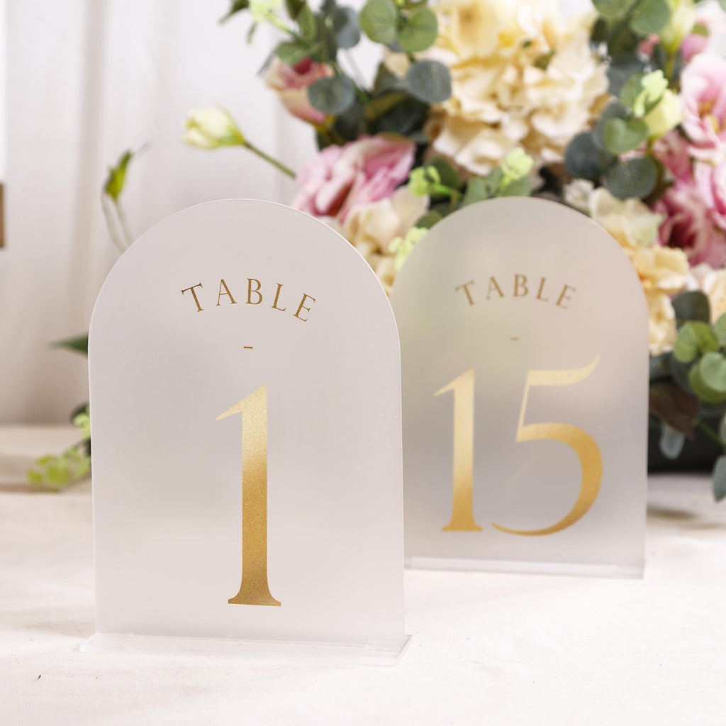 Frosted Arch Wedding Table Numbers with Stands 1-20