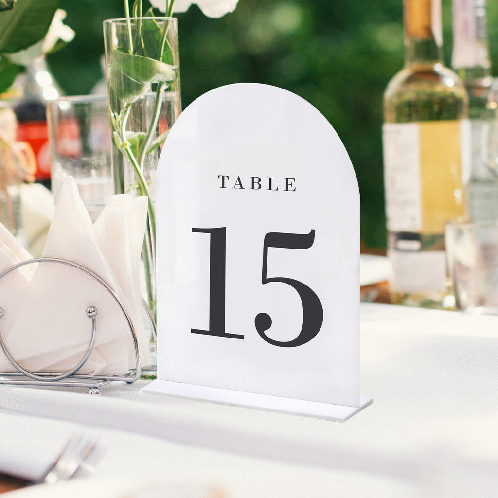White Arch Wedding Table Numbers with Stands 1-30