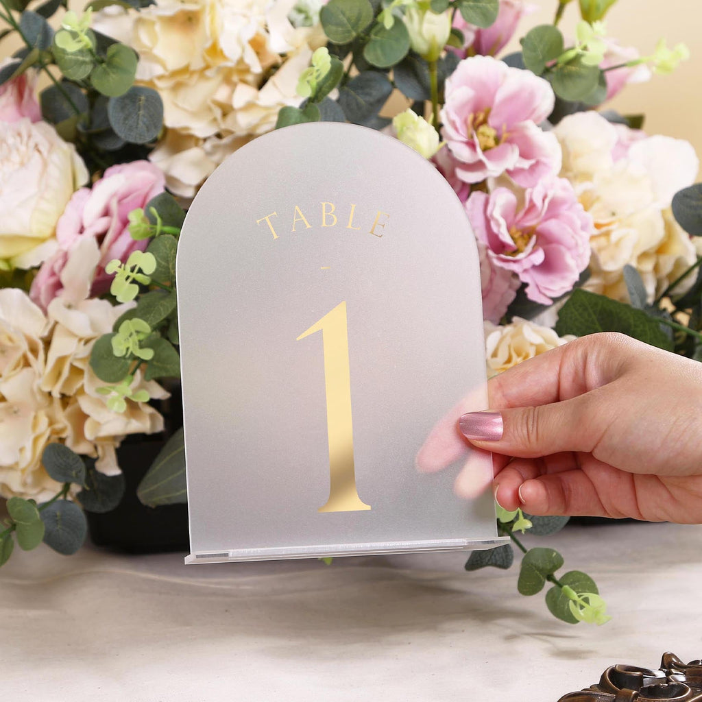 Frosted Arch Wedding Table Numbers with Stands 1-20