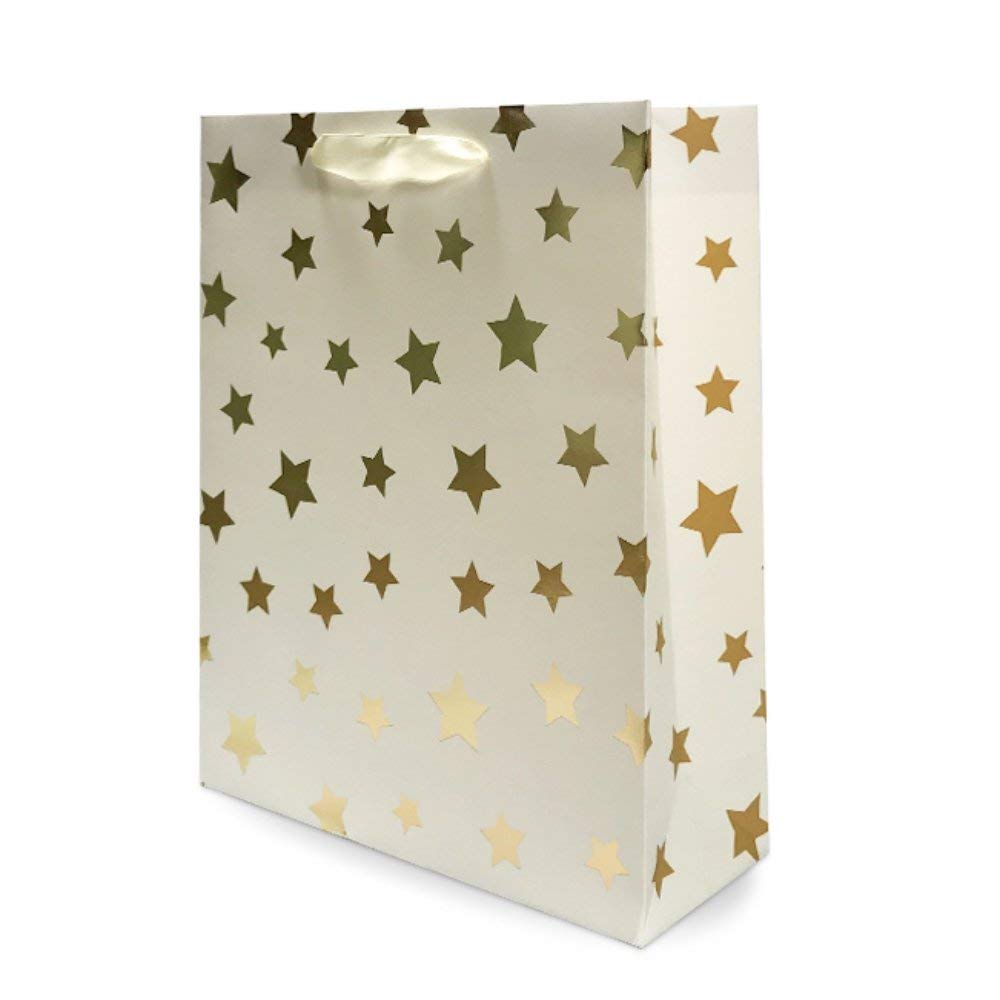UNIQOOO 12Pcs Premium Gold Metallic Stars Medium Gift Bags Bulk, 9 1/2"x 7X 3 1/4" 100% Recyclable Paper Retail Shopping Bags, Ribbon Handle/Wedding,Baby Shower, Birthday Party,Christmas Gift Bags ( Only Delivery to US)