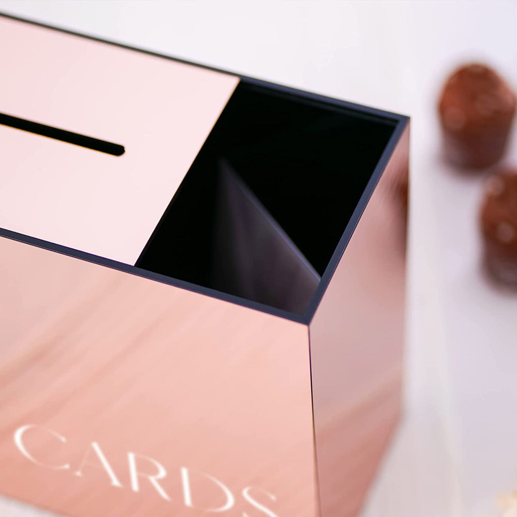 Acrylic Card Box, Rose Gold Mirror / White Print