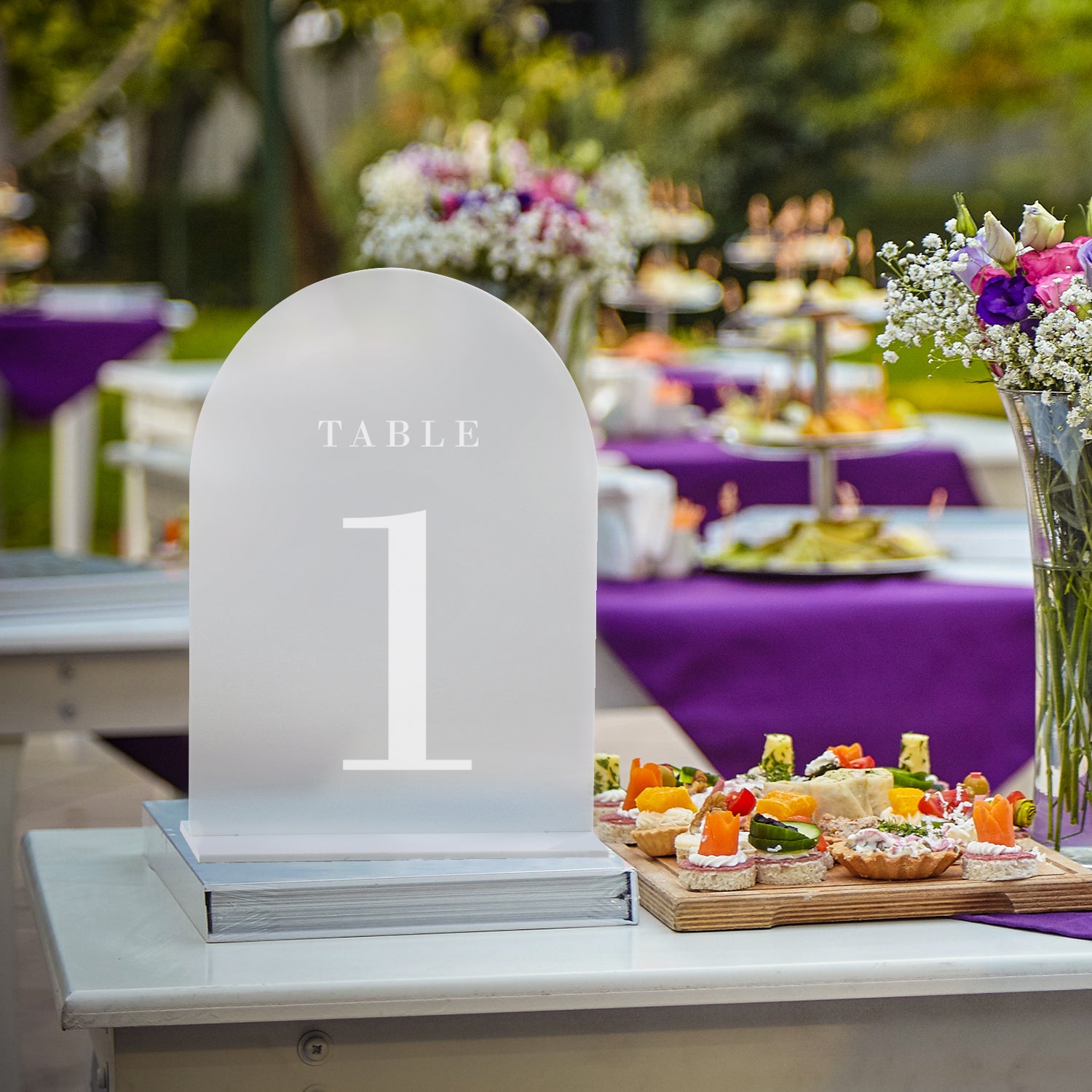 Frosted Arch Wedding Table Numbers with Stands 1-15