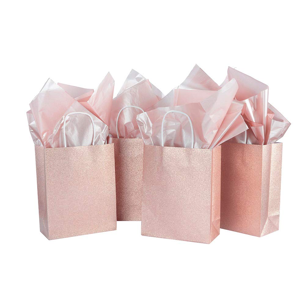 UNIQOOO 12 Pack 9.5 Rose Gold Pink Glitter Kraft Paper Gift Bags