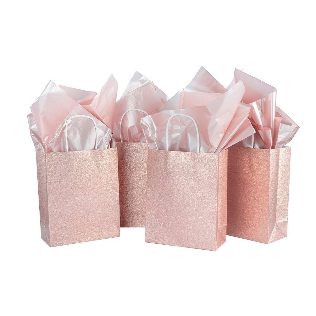 12 Pack 9.5" Sparkly Rose Gold Pink Glitter Kraft Paper Gift Bags (Only Delivery to US)