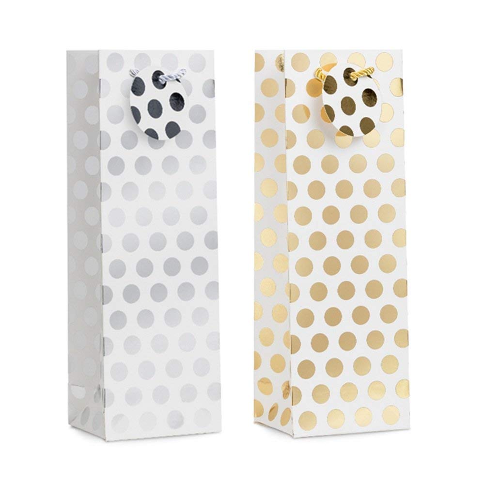 UNIQOOO 12Pcs Premium Quality Gold & Silver Metallic Foil Polka Dots Wine Gift Bag Bulk, w/Gift Massage Tag,100% Recyclable Paper,14"x4.75"x3.5" Wine Carrier Bags Tote Gift Bags, Party Gift Wrapping ( Only Delivery to US)