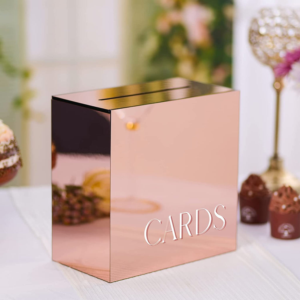 Acrylic Card Box, Rose Gold Mirror / White Print