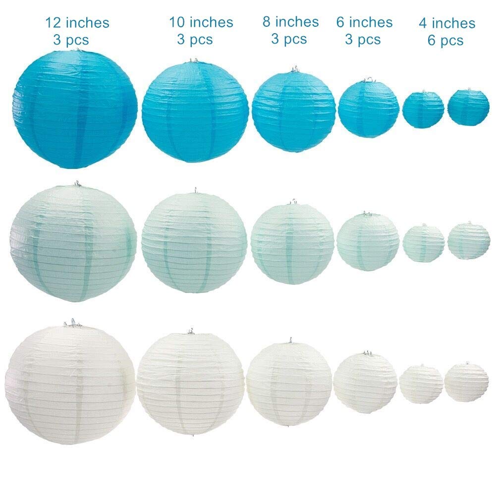 UNIQOOO 18Pcs Premium Assorted Size/Color Blue Paper Lantern Set, Reusable Hanging Decorative Japanese Chinese Paper Lanterns, Easy Assemble, for Birthday Wedding Baby Shower Holiday Party ( Only Delivery to US)