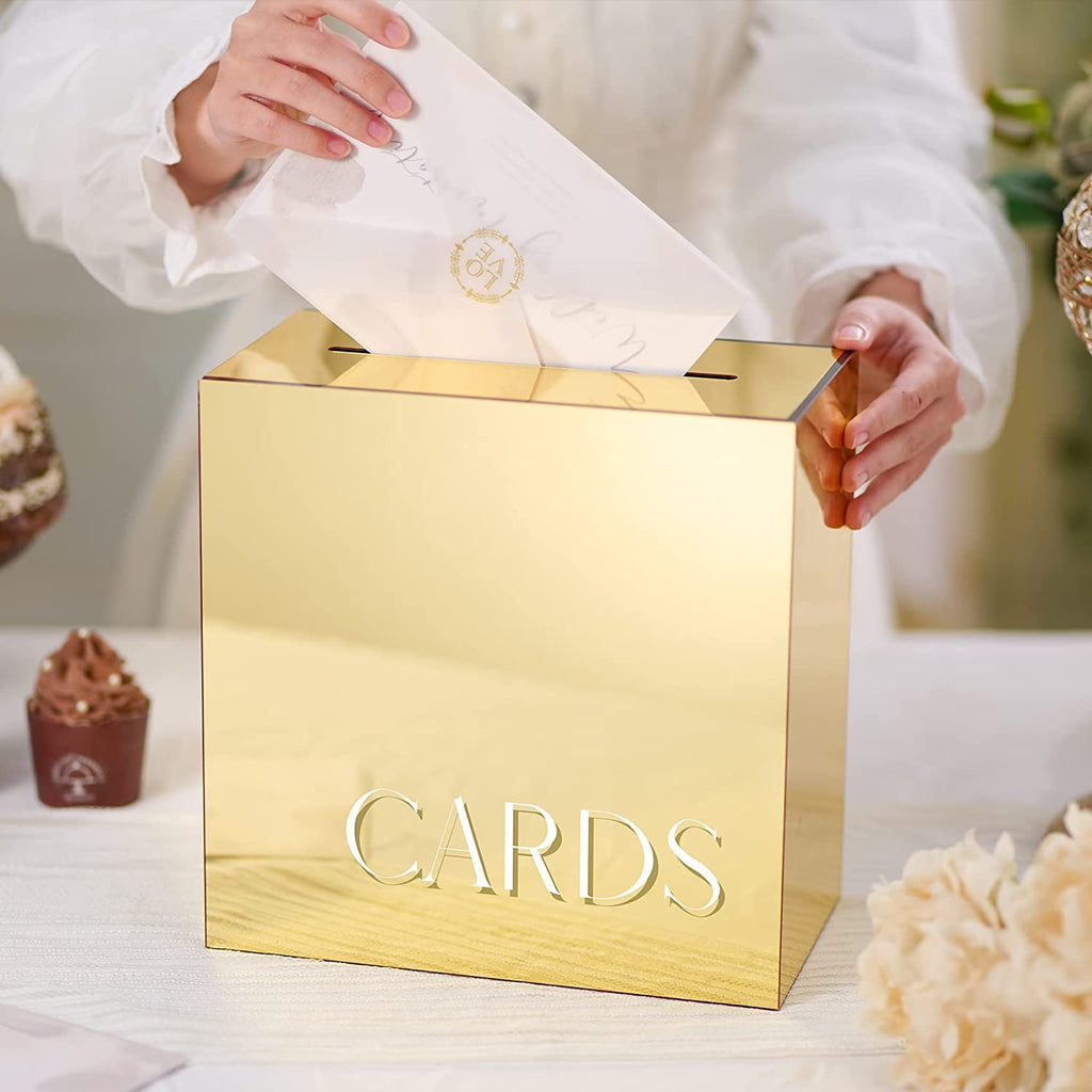 Acrylic Wedding Card Box, White / Gold Print