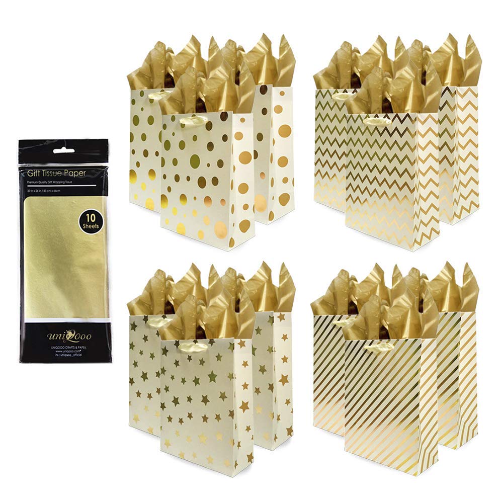 Gold Gift Bags with Tissue Paper (5.45 x 7.8 x 2.45 in, 20 Pack