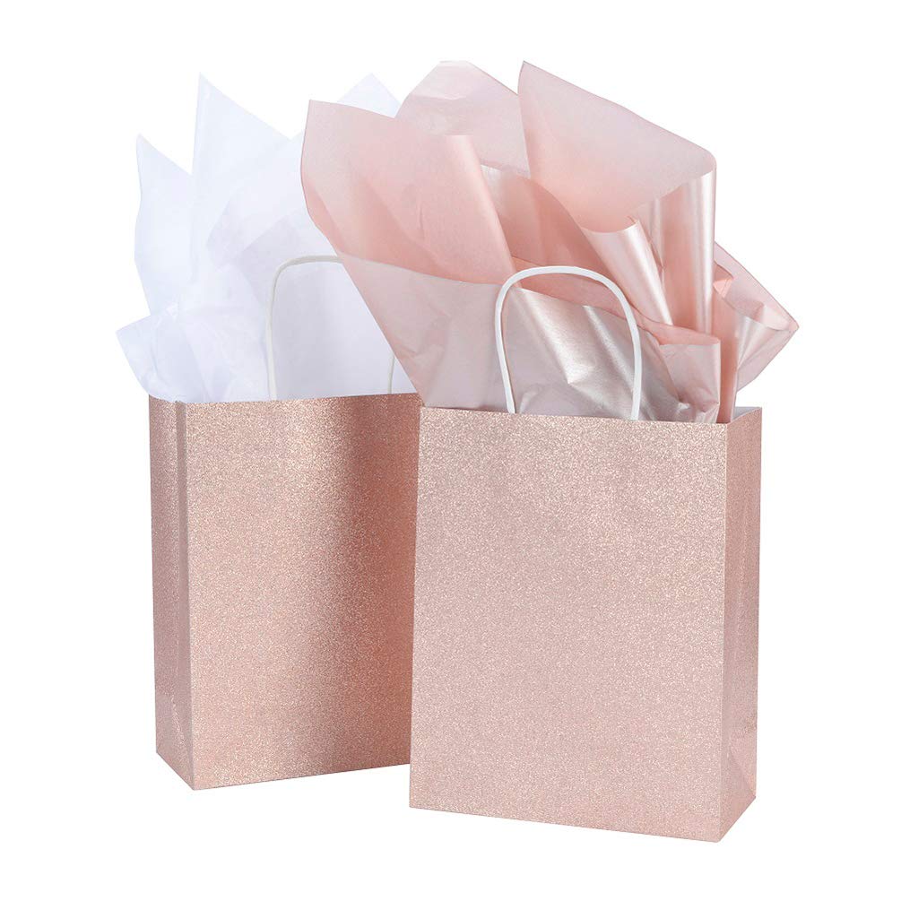 12 Pack 9.5" Sparkly Rose Gold Pink Glitter Kraft Paper Gift Bags (Only Delivery to US)
